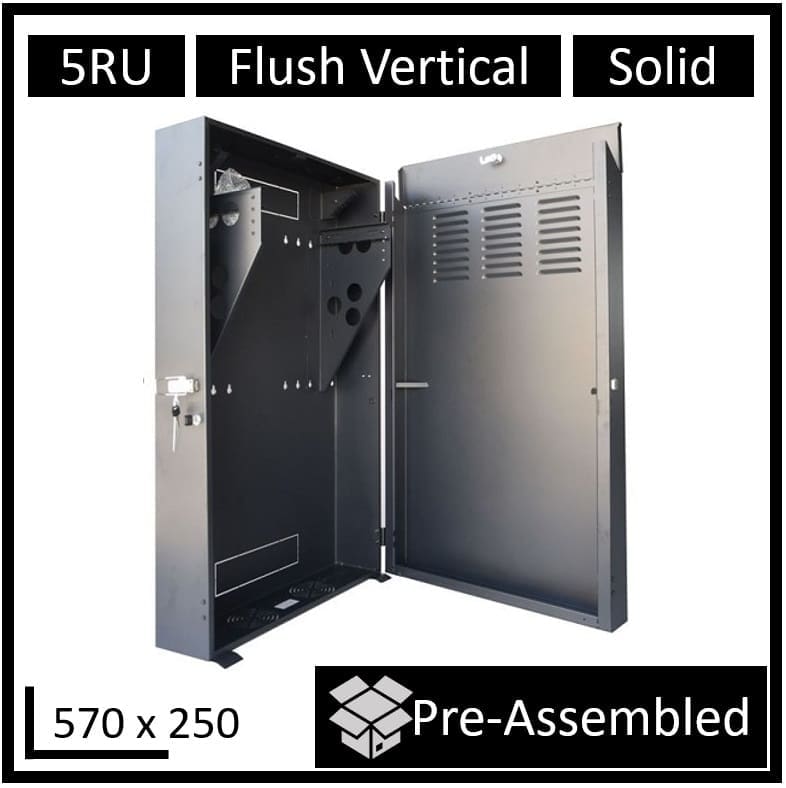 LDR Assembled 5U Flush Wall Mount Vertical Cabinet (570mm x 250mm) - 4U Rack For Gear 2U Mount For Patch Panels - Black Metal Construction