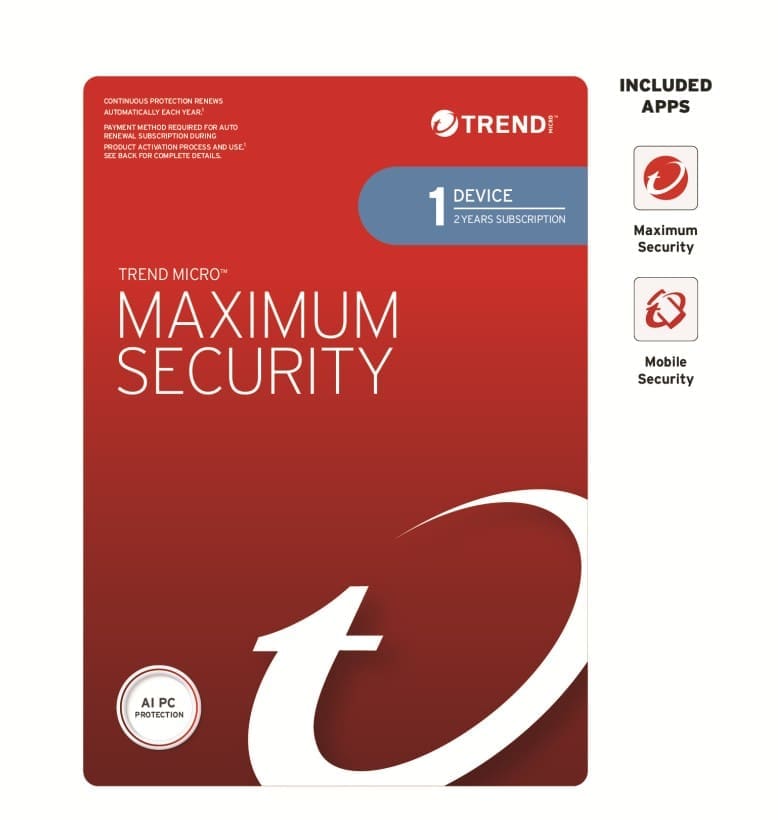 Trend Micro Maximum Security (1 Device) 2 Year Retail Mini Box Auto Renew