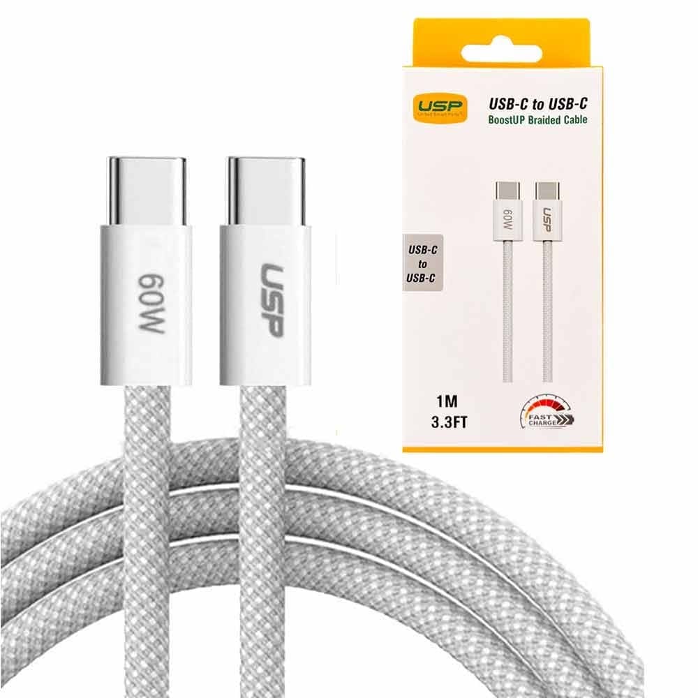 USP BoostUp Braided USB-C to USB-C Cable (1M) - White, 3A/60W, 480Mbps, 40K+ Bends, Solid Durable, Apple iPhone, Samsung Galaxy, 2 Years Warranty