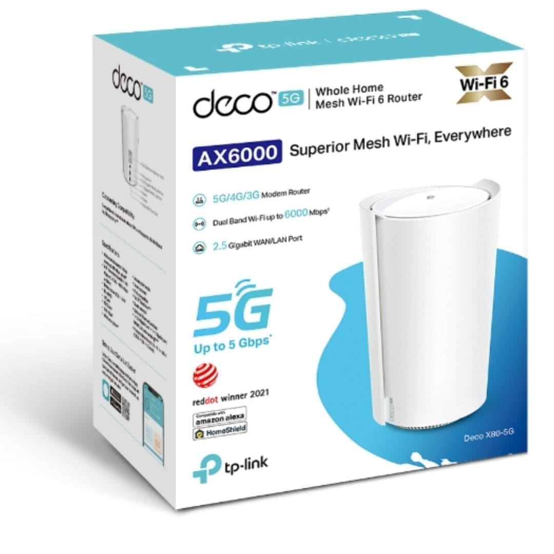 TP-Link Deco X80-5G(1-pack) 5G AX6000 Whole Home Wi-Fi 6 Gateway, 4804Mbps at 5 GHz + 1148Mbps at 2.4 GHz, 5G 5Gbps/900Mbps, 4G+ Cat20 2Gbps/200Mbps
