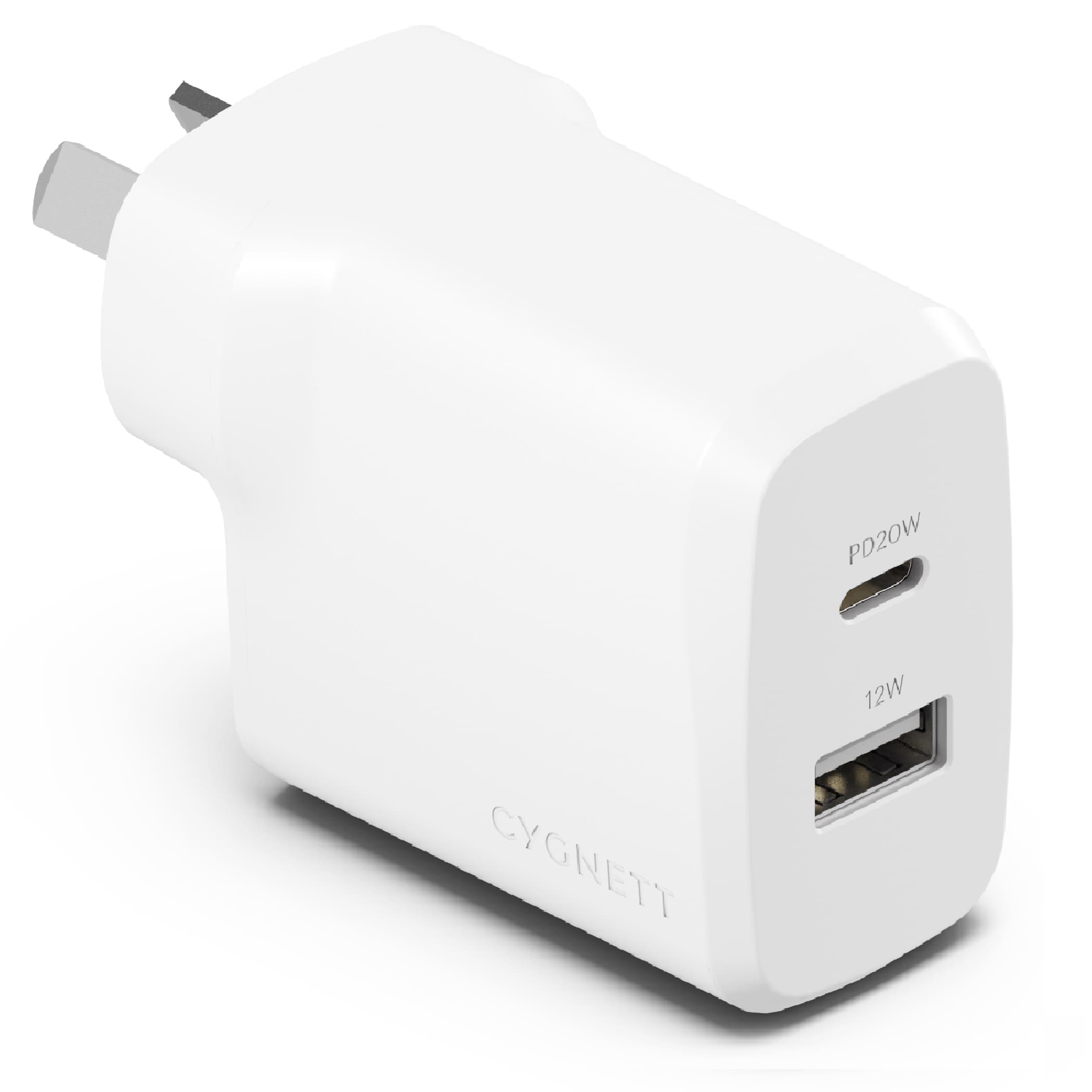 Cygnett PowerPlus 32W Dual Port (20W USB-C + 12W USB-A) PD Fast Wall Charger-White(CY4772PDWCH),Palm-Size,Portable,Charge 2x Devices,2 Years Warranty