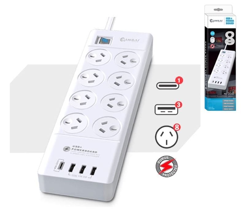 Sansai 8 Outlet 3*USB-A 1*USB-C Powerboard Master On/Off switch Surge and overload protected 1M 20W 220-240V 10A IV Retail box
