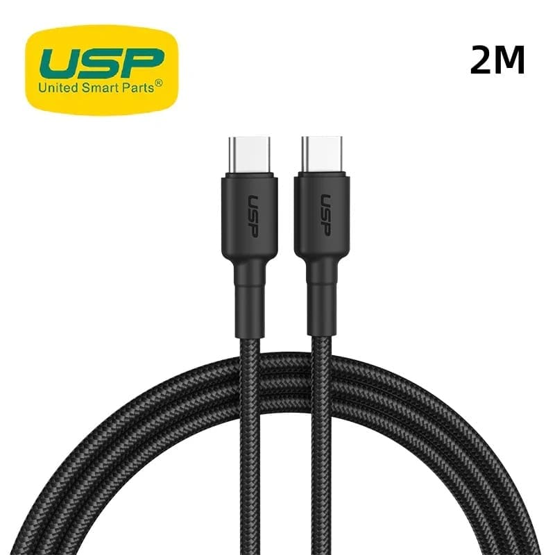 USP BoostUp Braided USB-C to USB-C Cable (2M) Black -3A/60W, Fast Safe Charge,Samsung Galaxy,Apple iPhone,iPad,MacBook,Google,OPPO, 2 Years Warranty