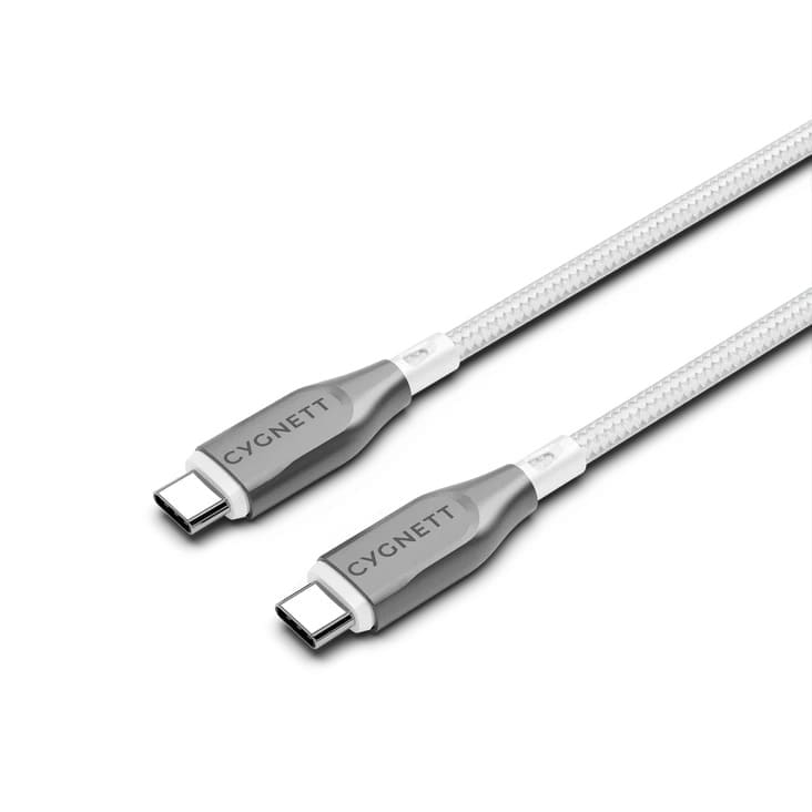 Cygnett Armoured Braided USB-C to USB-C (2.0) Cable (2M) - White (CY4677PCTYC), 5A/100W, 480Mbps, Turbo Charge, Best for Laptop, 5 Years Warranty