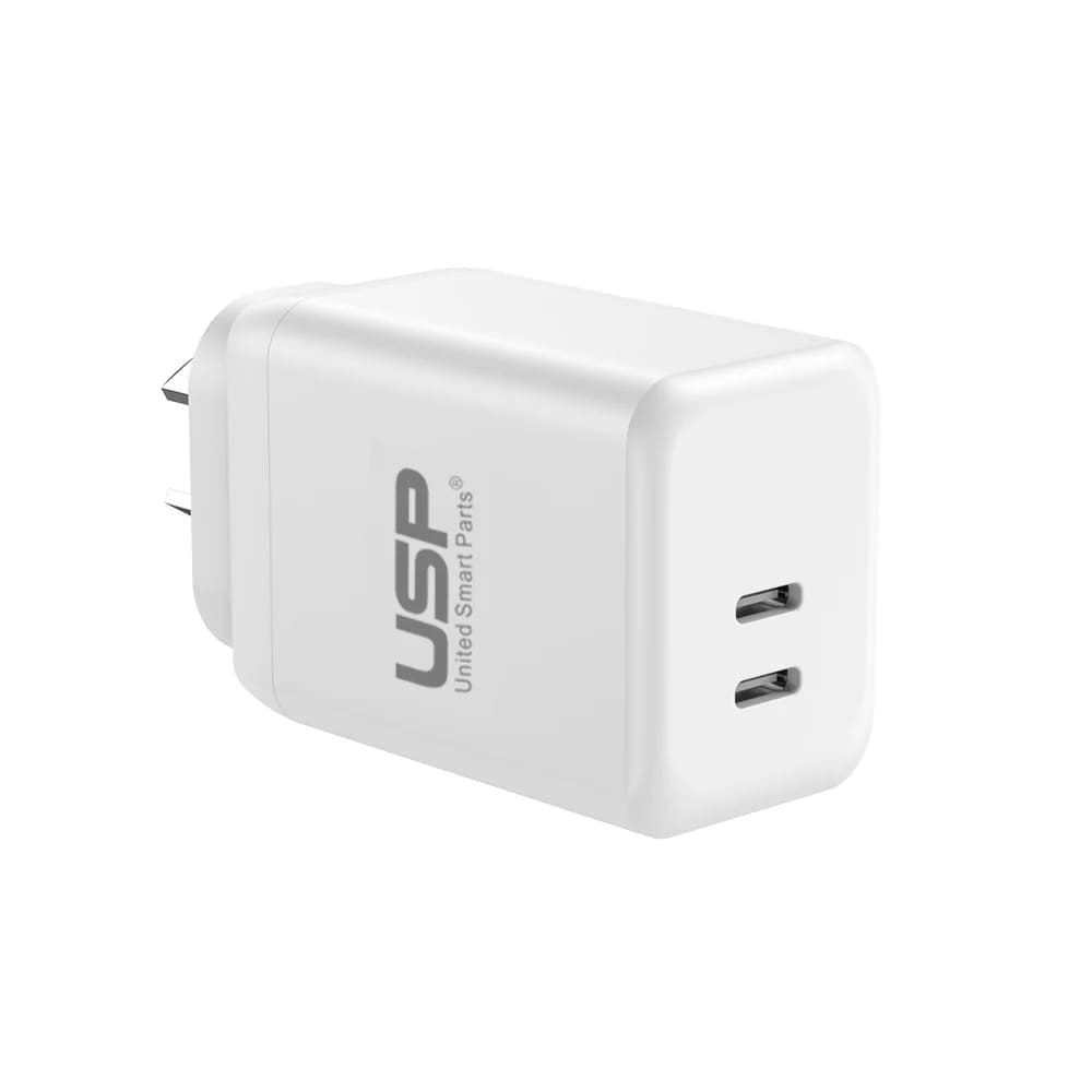 USP 45W Dual Ports USB-C PD GaN Wall Charger White - Charge Two Device Simultaneously, Smart Reliable, Compact Design, 2 Years Warranty