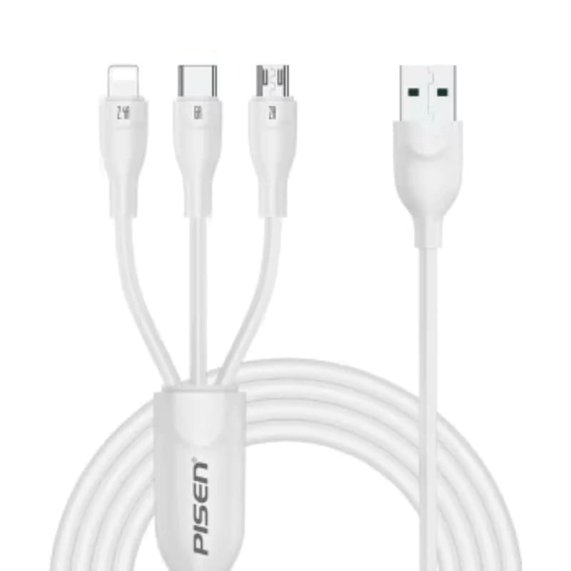Pisen 3-in-1 USB-A to Lightning + USB-C + Micro-USB Cable (1.2M) White - 6A Superfast, Samsung Galaxy,Apple iPhone,iPad,MacBook,Google,OPPO,Nokia