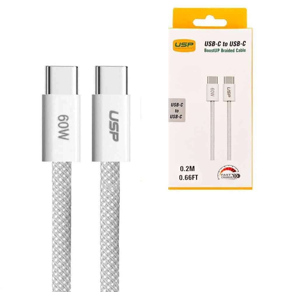 USP BoostUp Braided USB-C to USB-C Cable (0.2M) - White, 3A/60W, 480Mbps, 40K+ Bends, Safe Fast, Apple iPhone, Samsung Galaxy, 2 Years Warranty