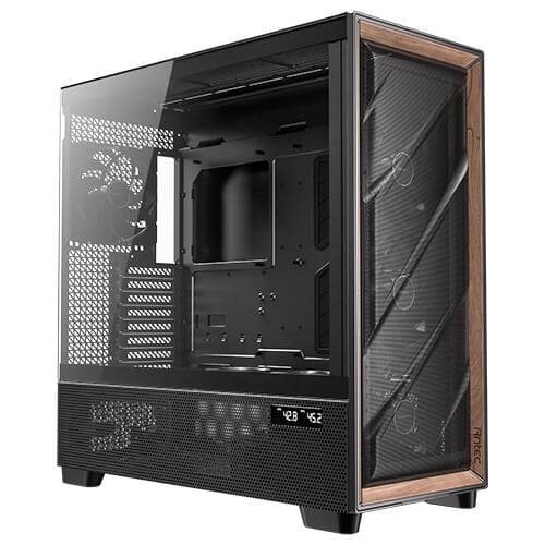Antec FLUX PRO, E-ATX, Premium Walnut, Iunity Temperature Disp. CPU and GPU LED Display, 6x High Performance Fans, ARGB PWN Ctrl, PSU Shift, Case