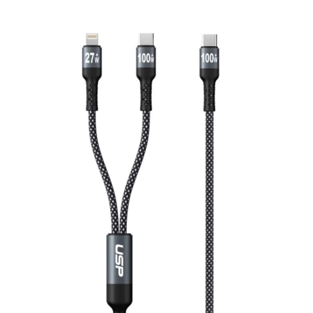 USP Braided 2-in-1 USB-C to Lighting (27W) + USB-C (100W) Super Fast Charging Cable (1.2M) Black - High Speed Charging, 2 Years Warranty