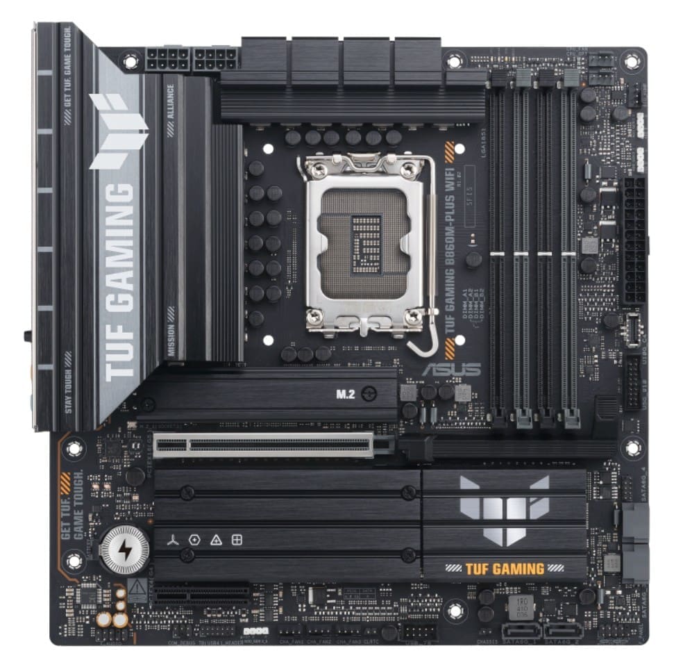 ASUS TUF GAMING B860M-PLUS WIFI LGA1851 mATX Motherboard 256GB, DDR5, 1 x PCIe 5.0, 3 x M.2 slots, 4 x SATA, WiFi 7, 1 x HDMI, 1 x DP