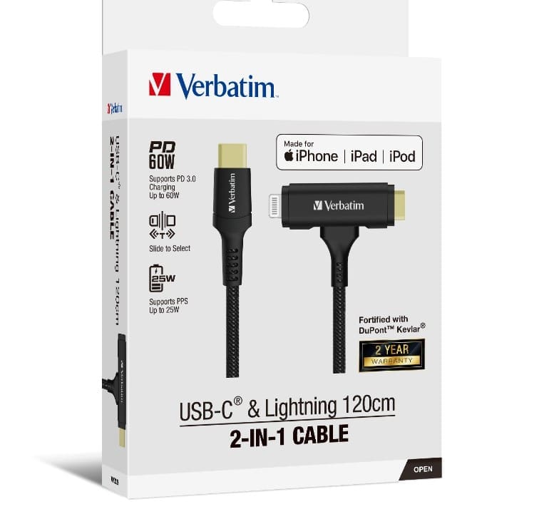 Verbatim 2-in-1 Cable Type C to C Lightning Kevlar Slide 120cm -BLK