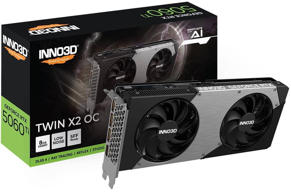INNO3D nVidia GeForce RTX 5060 Ti TWIN X2 OC 8GB GDDR7, 2602MHz Boost Clock, RAM 28Gbps, 3xDP, 1xHDMI, 250x116x41mm