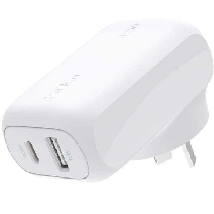 Belkin BoostCharge Dual Wall Charger 42W - White (WCB009auWH), 1xUSB-C (30W), 1xUSB-A (12W), Fast Charge, Travel Friendly, CEW $2500, 2 Years Warranty