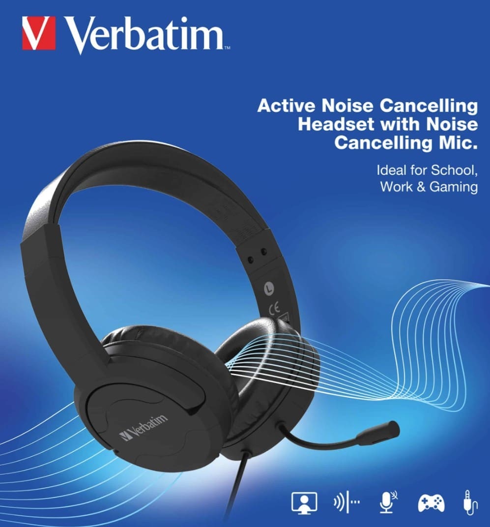 Verbatim Verbatim Multimedia Headset with ANC Noise Cancelling Boom Mic - Black 66706