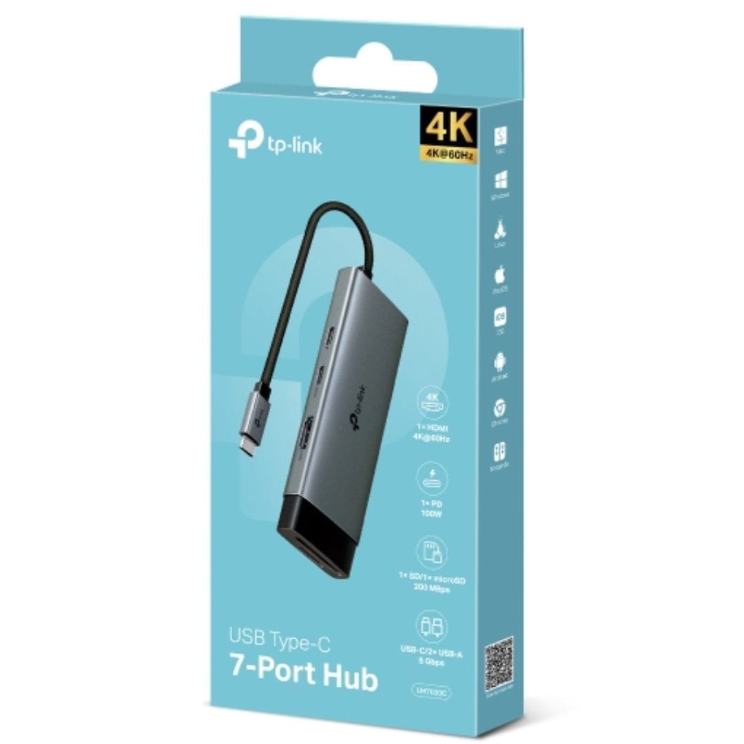 TP-Link UH7020C USB Type-C 7 in 1 Hub, 4K@60Hz HDMI, SD microSD UHS-I, 100W Power Delivery, 1× USB-C Data Port, 2× USB-A Data Ports.