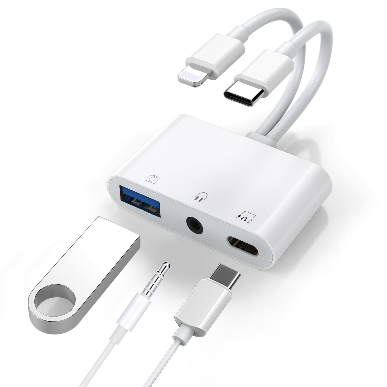 USP Lightning/USB-C to USB Adapter features a USB OTG Port, 3.5mm Headphone Jack Fast-charging Port, 2 Years Warranty