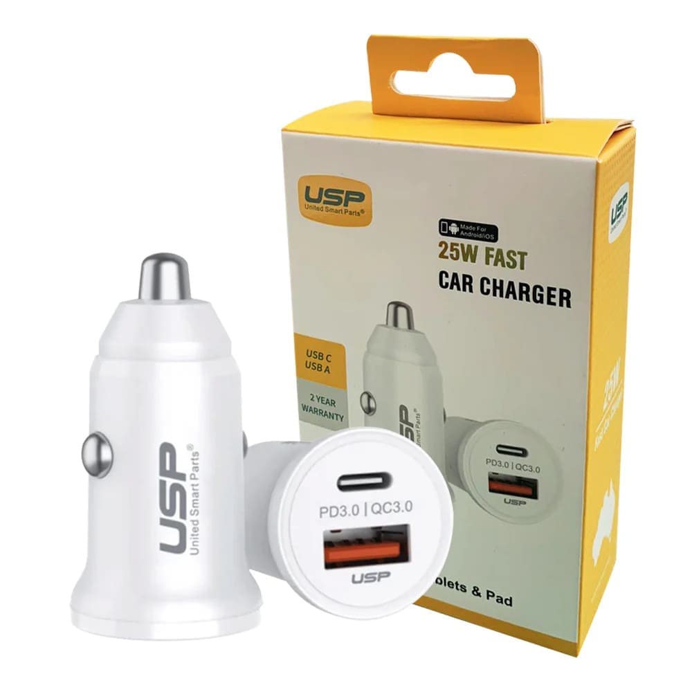 USP 25W Dual Port (USB-C 25W PD + USB-A 18W QC3.0) Fast Car Charger White - Dual USB Quick Charge, Inteligent Charging, 2 Years Warranty