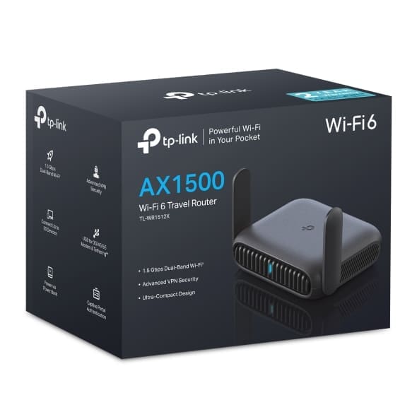 TP-Link TL-WR1512X AX1500 Wi-Fi 6 Travel Router with AX1500 dual-band, multi-mode (AP/RE/Hotspot), USB tethering, Gigabit ports, and WPA3 security
