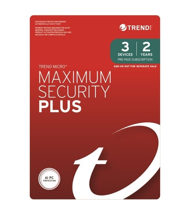 Trend Micro Maximum Security Plus (3 Devices) 2 Year Add-on Auto Renew OEM (Plus = Secure VPN / Cleaner Pro)