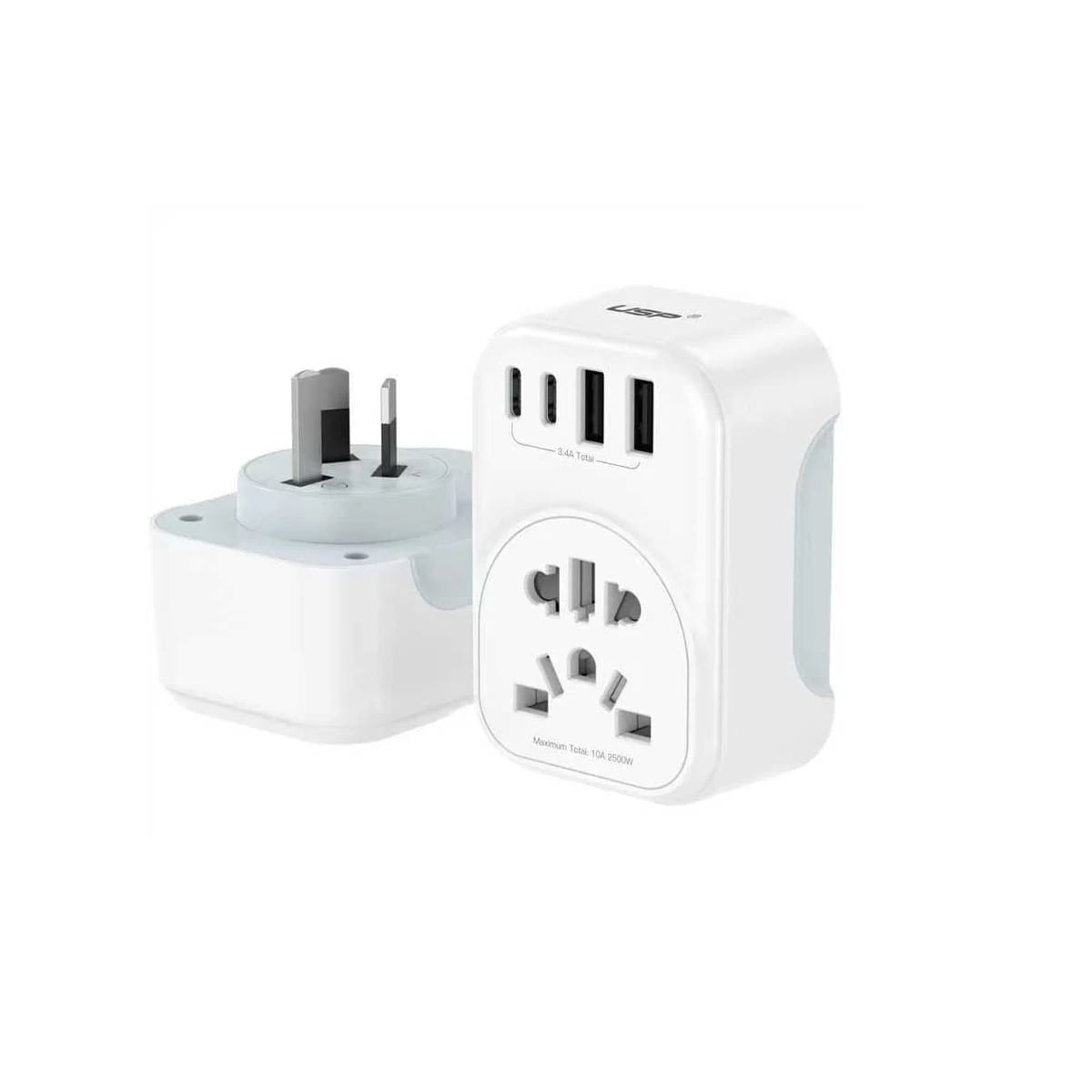USP Australian Inbound Travel Adapter 2 USB-A + 2 USB-C + AC Socket, Portable device, 4 Universal Sockets, SAA Certification, 2 Years Warranty