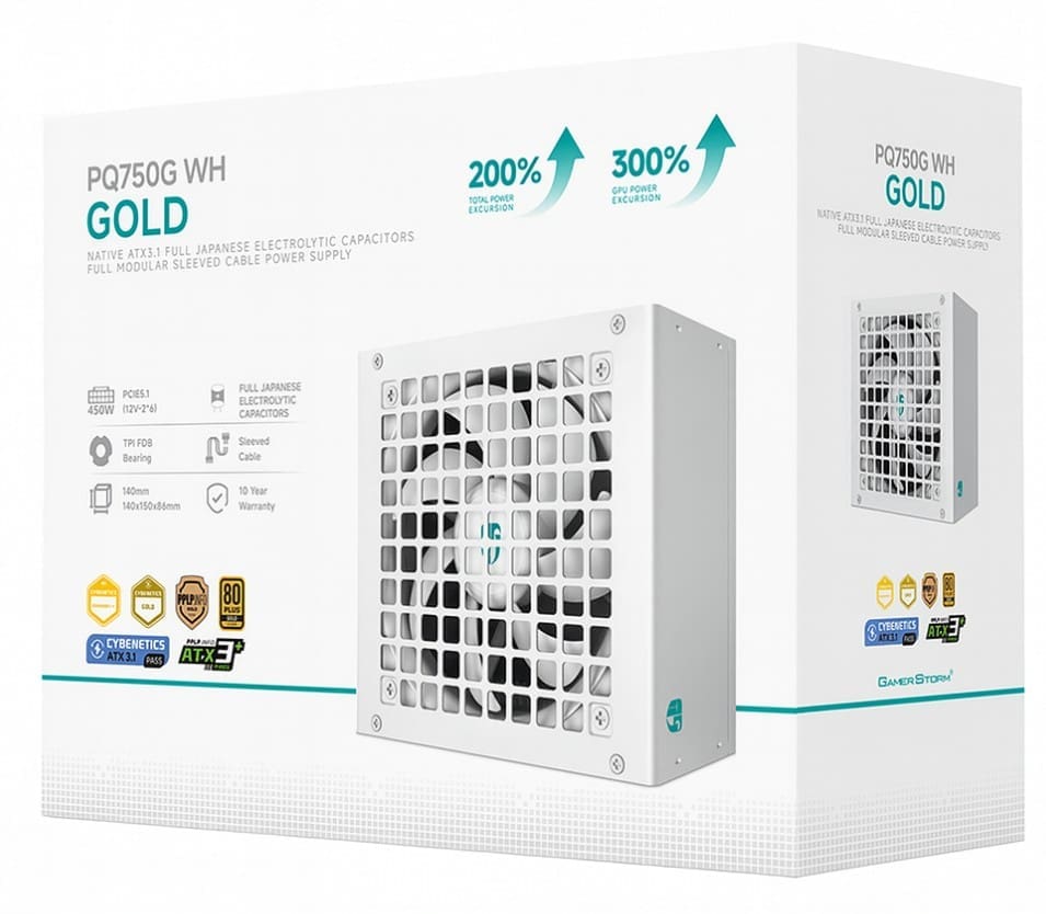 DeepCool PQ750G WH 750W Gamer Storm 80+ Gold/Cybenetics Fully Modular ATX Power Supply 120mm Fan, Japanese Capacitors, DC to DC, ATX12V V3.1