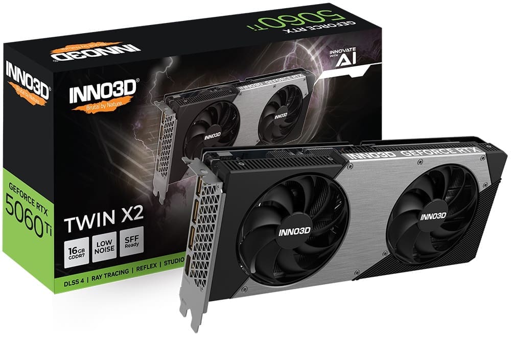 INNO3D nVidia GeForce RTX 5060 Ti TWIN X2 16GB GDDR7, 2572MHz Boost Clock, RAM 28Gbps, 3xDP, 1xHDMI 250x116x41mm